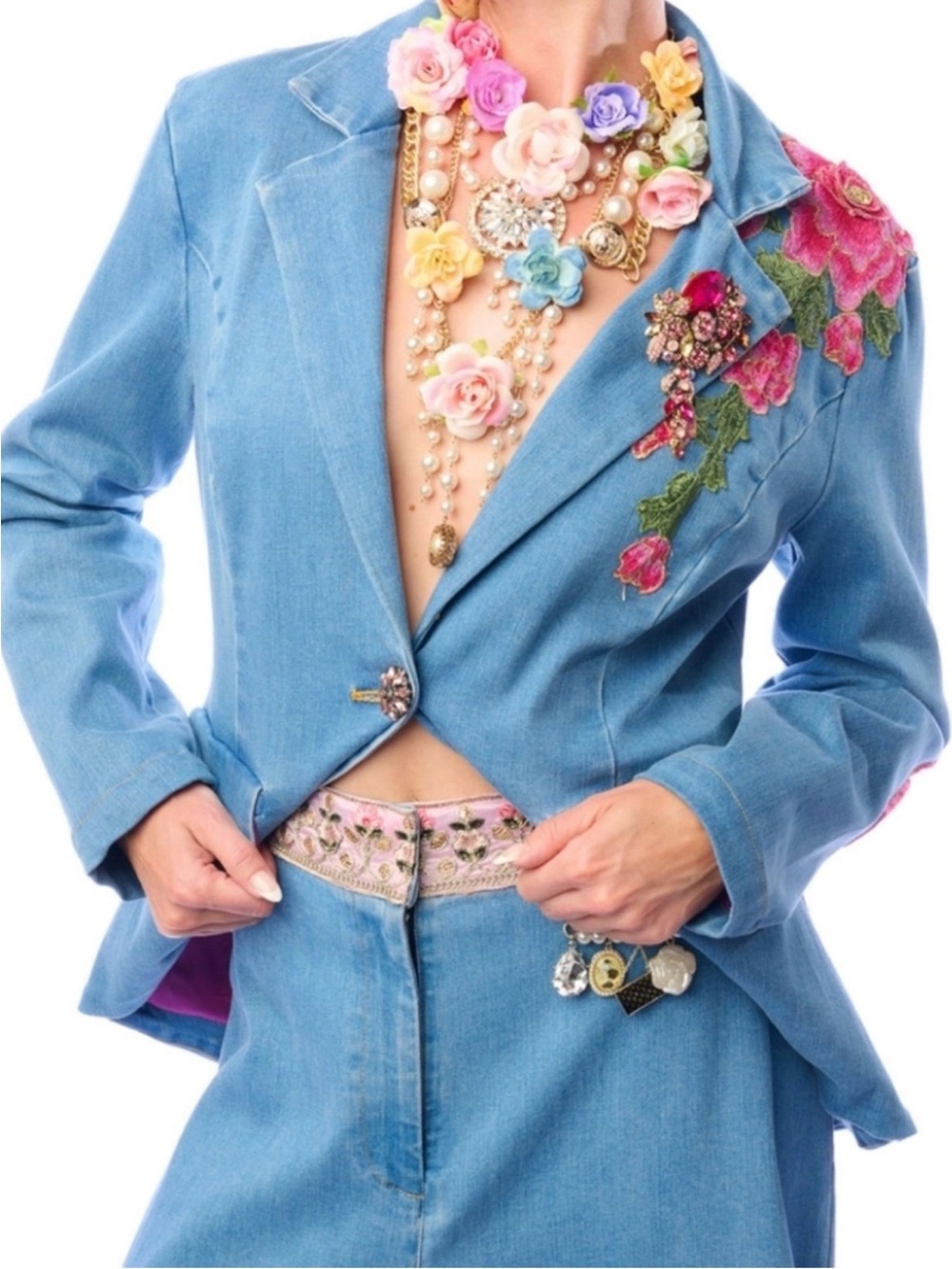 Aratta Silent Journey Montecarlo Blue Denim Blazer with Pink Floral Patch